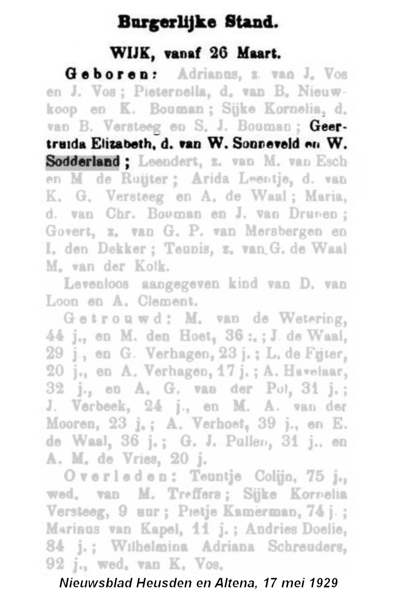 1929 BS geb ber Geertruida Elizabeth dv W Sonneveld - W Sodderland